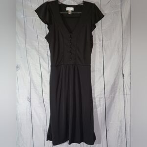 Loft Black Matte Jersey midi Button-Down flutter cap sleeve Dress